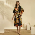 Black Leaf Print Cotton Beach Cover Up Short Kaftan Dress - Image 3