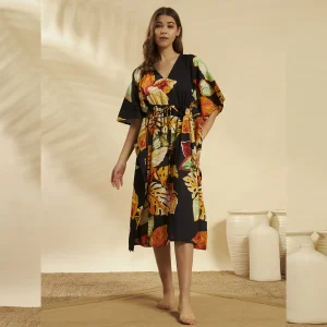 Black Leaf Print Cotton Beach Cover Up Short Kaftan Dress - Image 3