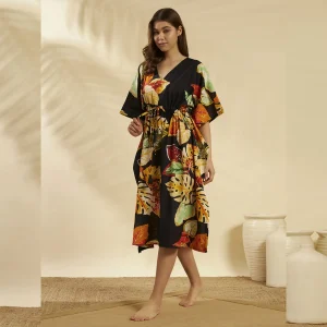 Black Leaf Print Cotton Beach Cover Up Short Kaftan Dress - Image 4