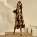 Black Leaf Print Cotton Beach Cover Up Short Kaftan Dress - Image 5