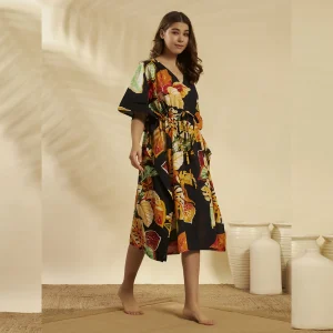 Black Leaf Print Cotton Beach Cover Up Short Kaftan Dress - Image 5