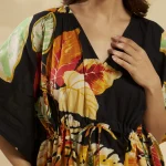 Black Leaf Print Cotton Beach Cover Up Short Kaftan Dress - Image 6
