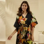 Black Leaf Print Cotton Beach Cover Up Short Kaftan Dress - Image 2