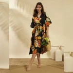 Black Leaf Print Cotton Beach Cover Up Short Kaftan Dress