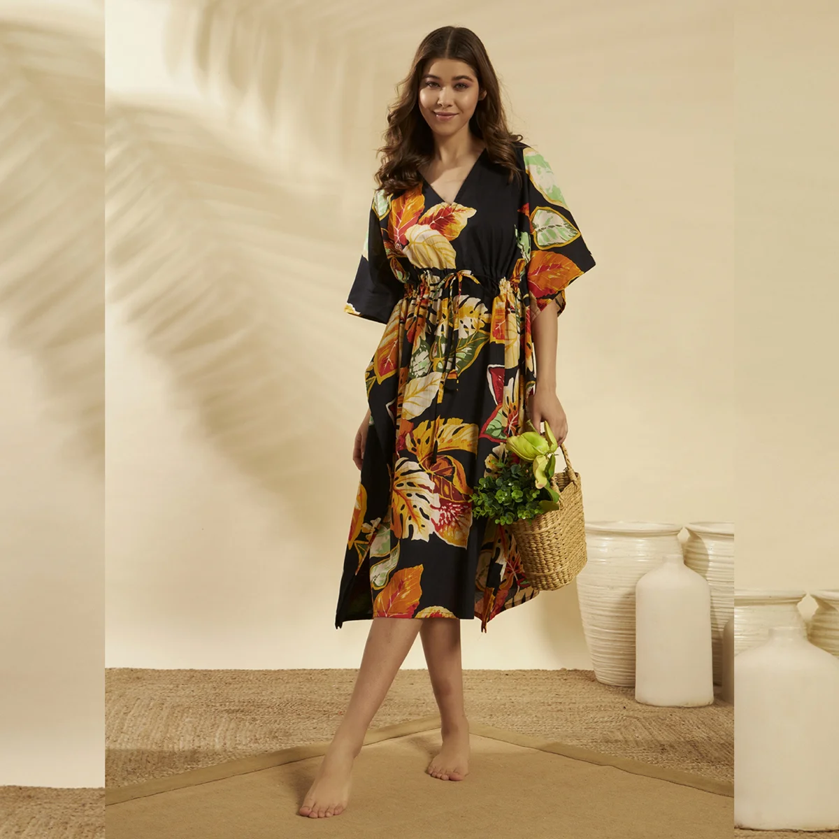 black-leaf-print-cotton-beach-cover-up-short-kaftan-dress KS-177 (6)