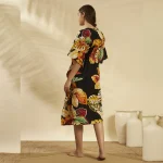 Black Leaf Print Cotton Beach Cover Up Short Kaftan Dress - Image 7