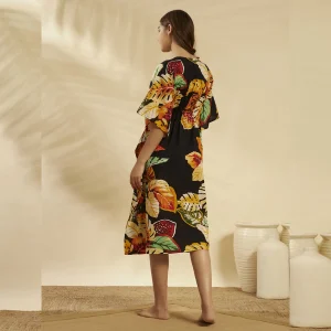 Black Leaf Print Cotton Beach Cover Up Short Kaftan Dress - Image 7