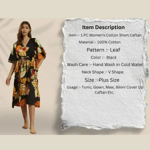 Black Leaf Print Cotton Beach Cover Up Short Kaftan Dress - Image 8
