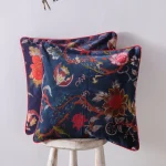 Blue Floral Cushion Cover 16x16 Inch Cotton Velvet Throw - Image 2
