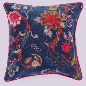 Blue Floral Cushion Cover 16x16 Inch Cotton Velvet Throw - Image 4