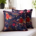 Blue Floral Cushion Cover 16x16 Inch Cotton Velvet Throw
