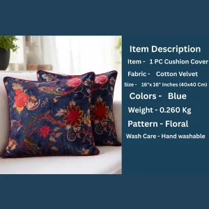 Blue Floral Cushion Cover 16x16 Inch Cotton Velvet Throw - Image 7