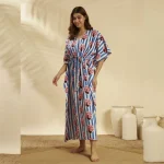 Blue White Striped Peacock Kaftan Cotton Beach Cover Maxi - Image 3
