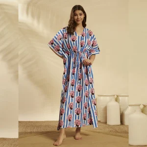 Blue White Striped Peacock Kaftan Cotton Beach Cover Maxi - Image 4