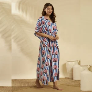 Blue White Striped Peacock Kaftan Cotton Beach Cover Maxi - Image 5
