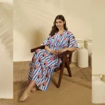 Blue White Striped Peacock Kaftan Cotton Beach Cover Maxi
