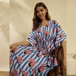 Blue White Striped Peacock Kaftan Cotton Beach Cover Maxi - Image 2