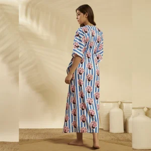 Blue White Striped Peacock Kaftan Cotton Beach Cover Maxi - Image 6