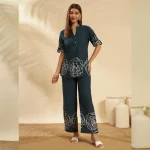 Bottle Green Cotton Co-Ord Set Floral Top & Pants Summer Wear - Image 3