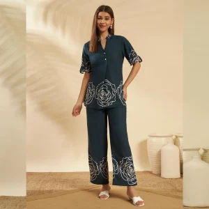 Bottle Green Cotton Co-Ord Set Floral Top & Pants Summer Wear - Image 3