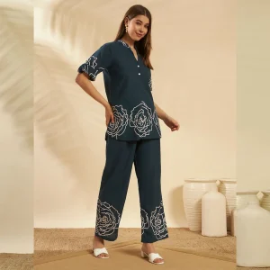 Bottle Green Cotton Co-Ord Set Floral Top & Pants Summer Wear - Image 5
