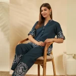 Bottle Green Cotton Co-Ord Set Floral Top & Pants Summer Wear - Image 2