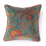 Designer Green Floral Print Cotton Velvet Cushion Cover - Image 4