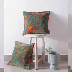 Designer Green Floral Print Cotton Velvet Cushion Cover - Image 3