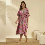 Forest Print Loose Fit Plus Size Tunic Cotton Pink Kaftan - Image 3