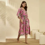 Forest Print Loose Fit Plus Size Tunic Cotton Pink Kaftan - Image 4