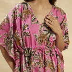 Forest Print Loose Fit Plus Size Tunic Cotton Pink Kaftan - Image 6