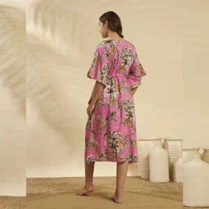 Forest Print Loose Fit Plus Size Tunic Cotton Pink Kaftan - Image 7