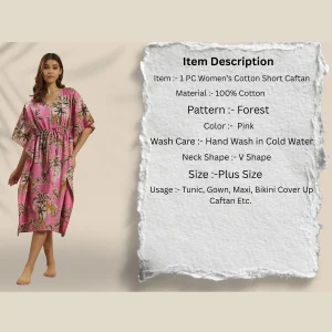 Forest Print Loose Fit Plus Size Tunic Cotton Pink Kaftan - Image 8