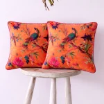 Luxury Orange Velvet Bird & Floral Cushion Cover Decorative Sofa