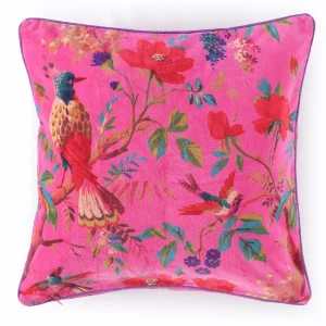 Luxury Pink Velvet Cushion Cover Bird & Floral Design - Image 4