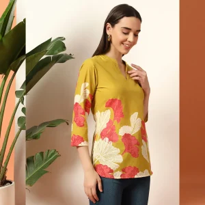 Mustard Yellow Floral Cotton Kurti for Women - Image 3