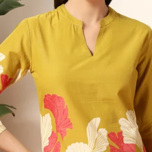 Mustard Yellow Floral Cotton Kurti for Women - Image 7