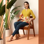 Mustard Yellow Floral Cotton Kurti for Women - Image 6