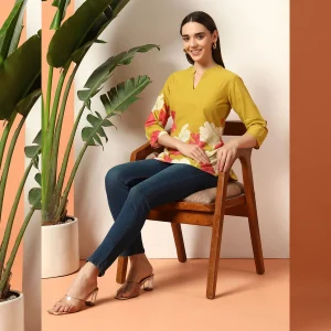 Mustard Yellow Floral Cotton Kurti for Women - Image 6