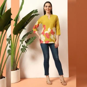 Mustard Yellow Floral Cotton Kurti for Women - Image 5