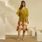Mustard Yellow Floral Short Kaftan Cotton Loose Fit Dress - Image 3