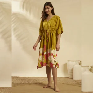 Mustard Yellow Floral Short Kaftan Cotton Loose Fit Dress - Image 4