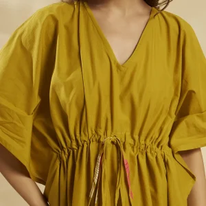 Mustard Yellow Floral Short Kaftan Cotton Loose Fit Dress - Image 7