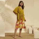 Mustard Yellow Floral Short Kaftan Cotton Loose Fit Dress - Image 5