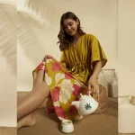 Mustard Yellow Floral Short Kaftan Cotton Loose Fit Dress