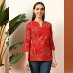Pure Cotton Short Kurta Tunic Top for Women Red Floral - Image 2