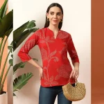 Pure Cotton Short Kurta Tunic Top for Women Red Floral