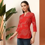 Pure Cotton Short Kurta Tunic Top for Women Red Floral - Image 3