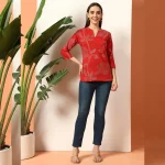 Pure Cotton Short Kurta Tunic Top for Women Red Floral - Image 5
