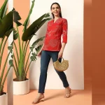 Pure Cotton Short Kurta Tunic Top for Women Red Floral - Image 6